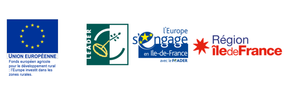 Logos des partenaires du projet Corbeville (Union Européenne, Feader, Région Ile-de-France, Leader)
