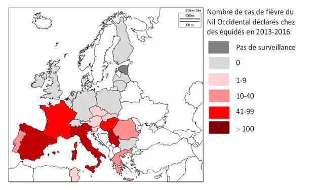 Carte des zones avec des cas répertoriés de fièvre du Nil occidental en Europe