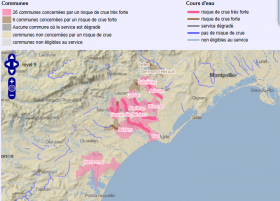 Aperçu de la carte Vigicrues Flash. En rose : communes et cours d’eau concernés par un risque de crue très forte