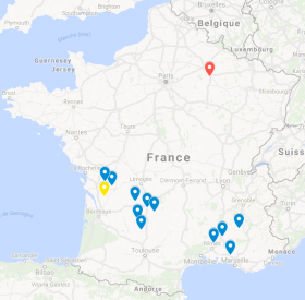 Réseau CulturTruf. Les sites de truffe noire (Tuber melanosporum) sont représentés en bleu, le site de truffe d’été (Tuber aestivum) en jaune et le site de truffe de Bourgogne (T. aestivum var uncinatum) en rouge.