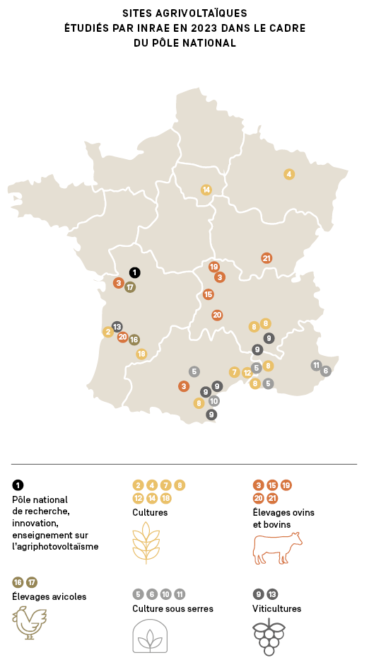 Carte de France avec les sites du Pôle national de recherche, innovation, enseignement sur l'agriphotovoltaïsme