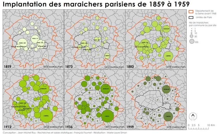 Évolution de l’implantation des maraîchers en Île-de-France, avec une installation préférentielle au nord et au sud.