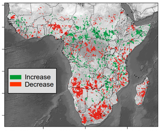 Changement dans les stocks de carbone de la végétation sur le continent Africain (sub-Saharien) sur la période 2010–2016. 