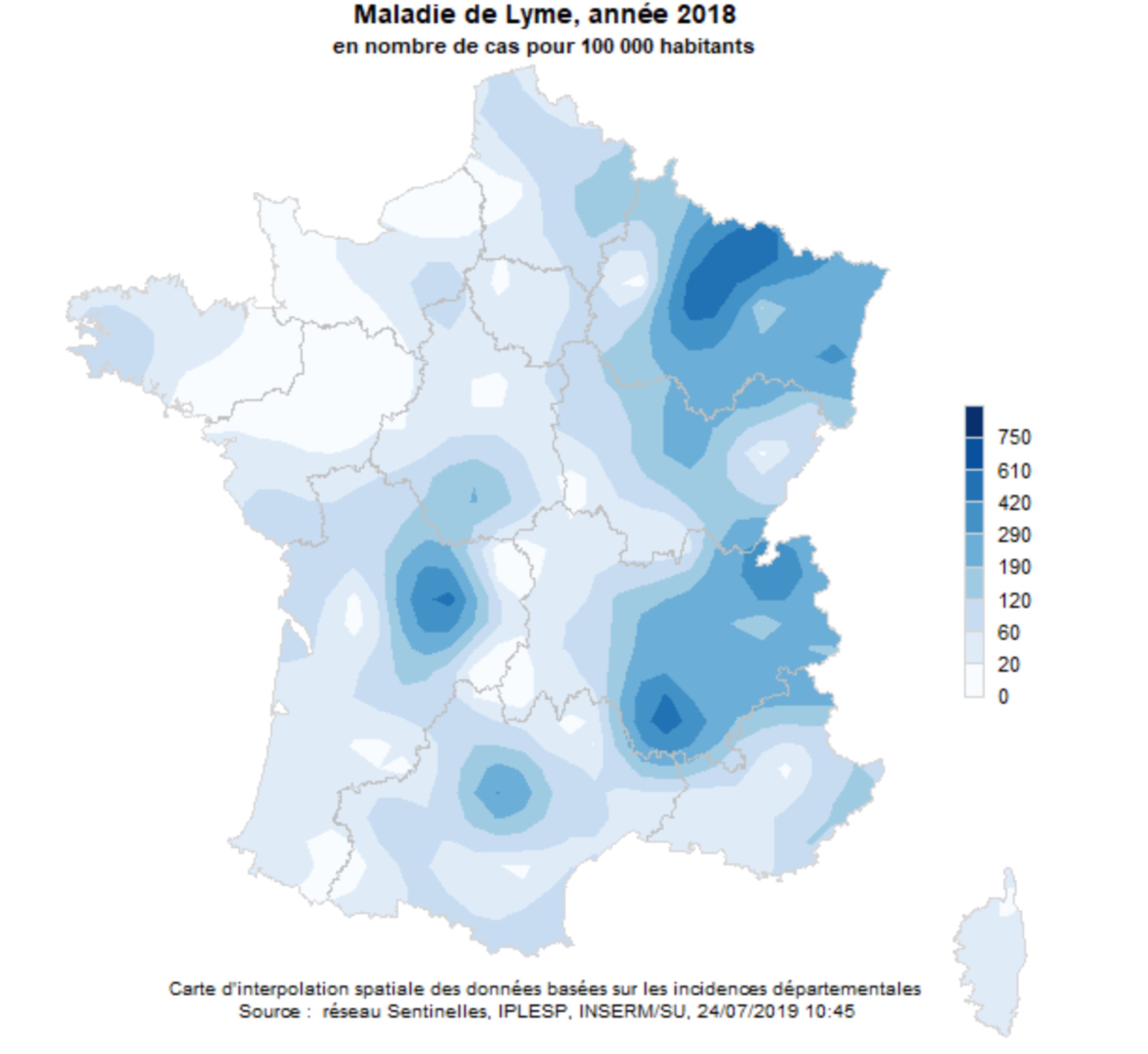 Carte du nombre de cas de maladie de Lyme en France en 2018